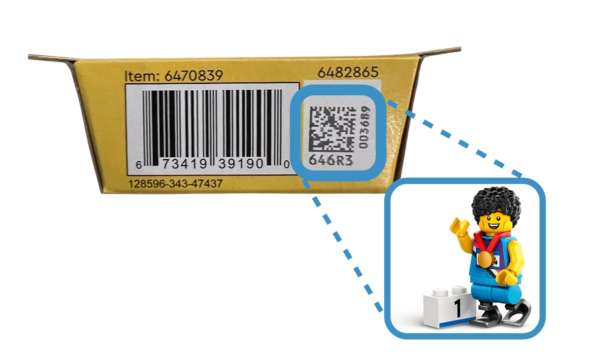 LEGO minifigure package showing data matrix code placement